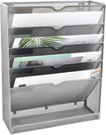 EASEPRES Mesh Wall File Organizer 6 Tier Vertical Mount Hanging Holder Magazine Rack with Bottom Flat Tray, Sides Closed, Silver