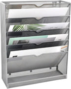 EASEPRES Mesh Wall File Organizer 6 Tier Vertical Mount Hanging Holder Magazine Rack with Bottom Flat Tray, Sides Closed, Silver