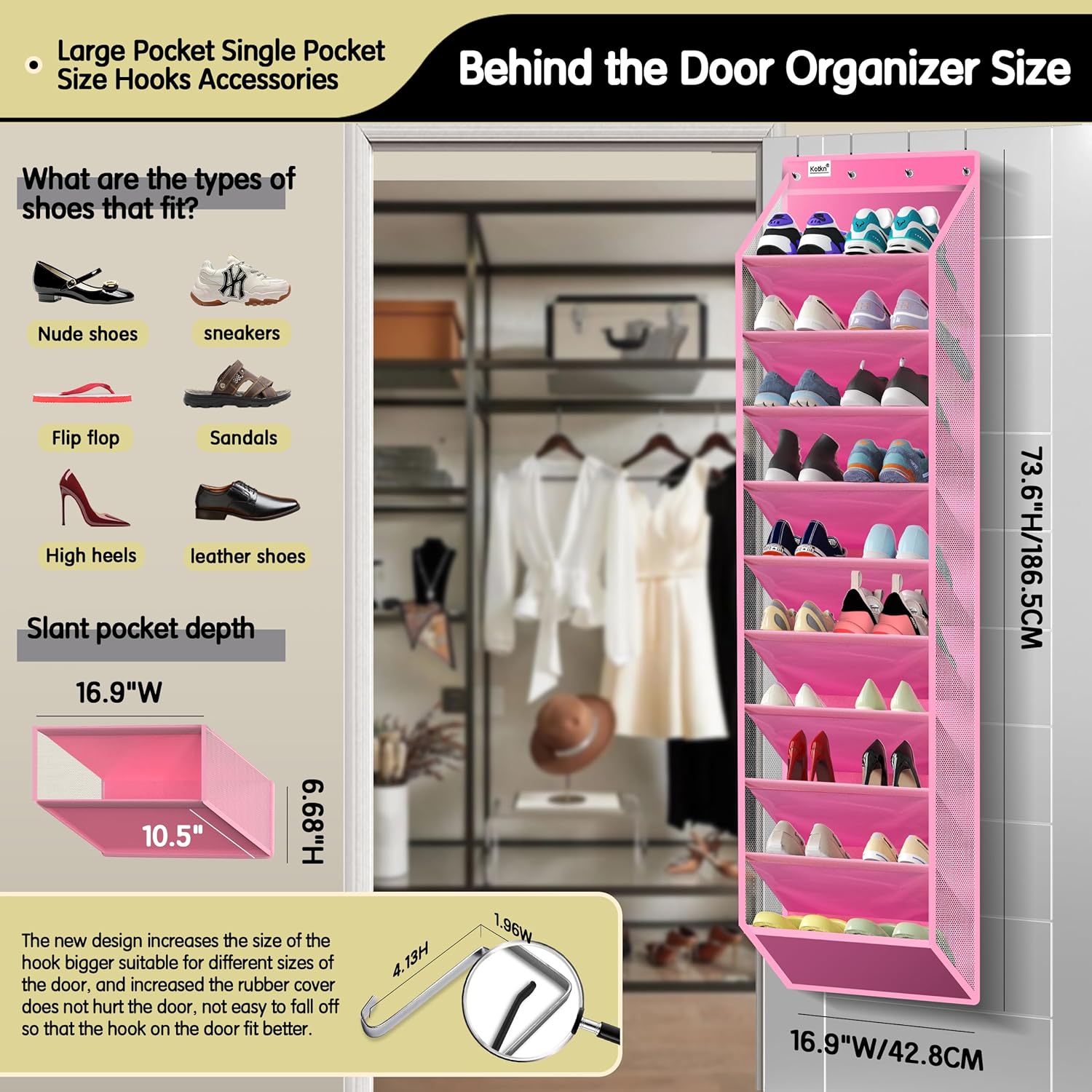 10 Tier Over The Door Organizer - Heavy Duty Hanging Storage Rack with Sturdy Oxford Fabric, Holds 20+ Pairs of Footwear, Boots & Sneakers, Saves 50% Closet Space! (Pink)
