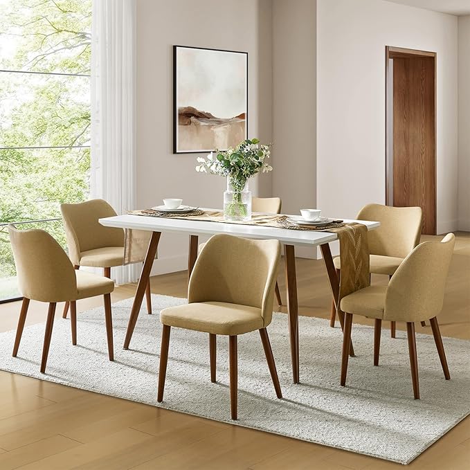 Dining Chairs Set of 6, Upholstered Kitchen Dining Room Chair Set Morden Accent Side Dinner Chair with Curved Padded Back Wood Legs for Restaurant/Cafe, Tan