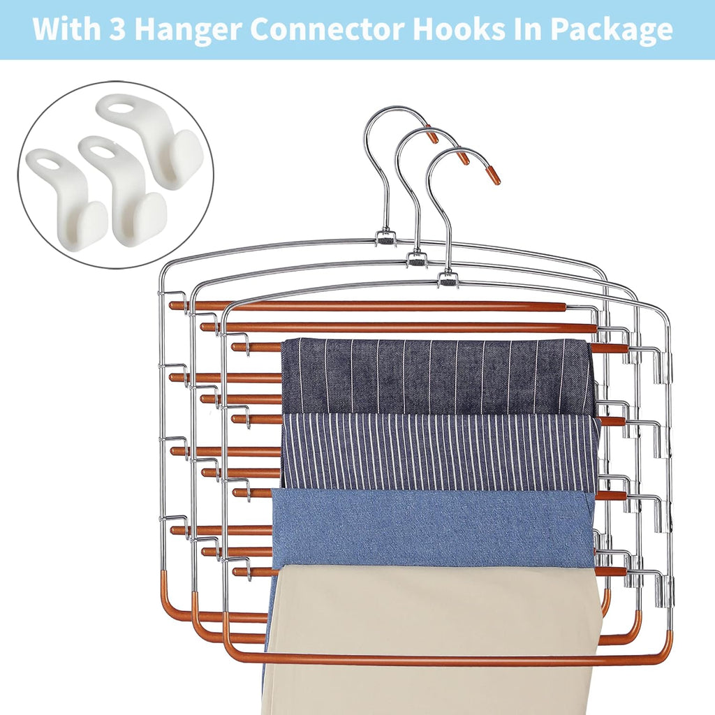 FeeraHozer Pants Hangers Non Slip 3 Pack Space Saving Hangers Multi-Layer Swing Arm Stainless Steel Space Saver Rack for Jeans Scarf Trouser Clothes (Gold)