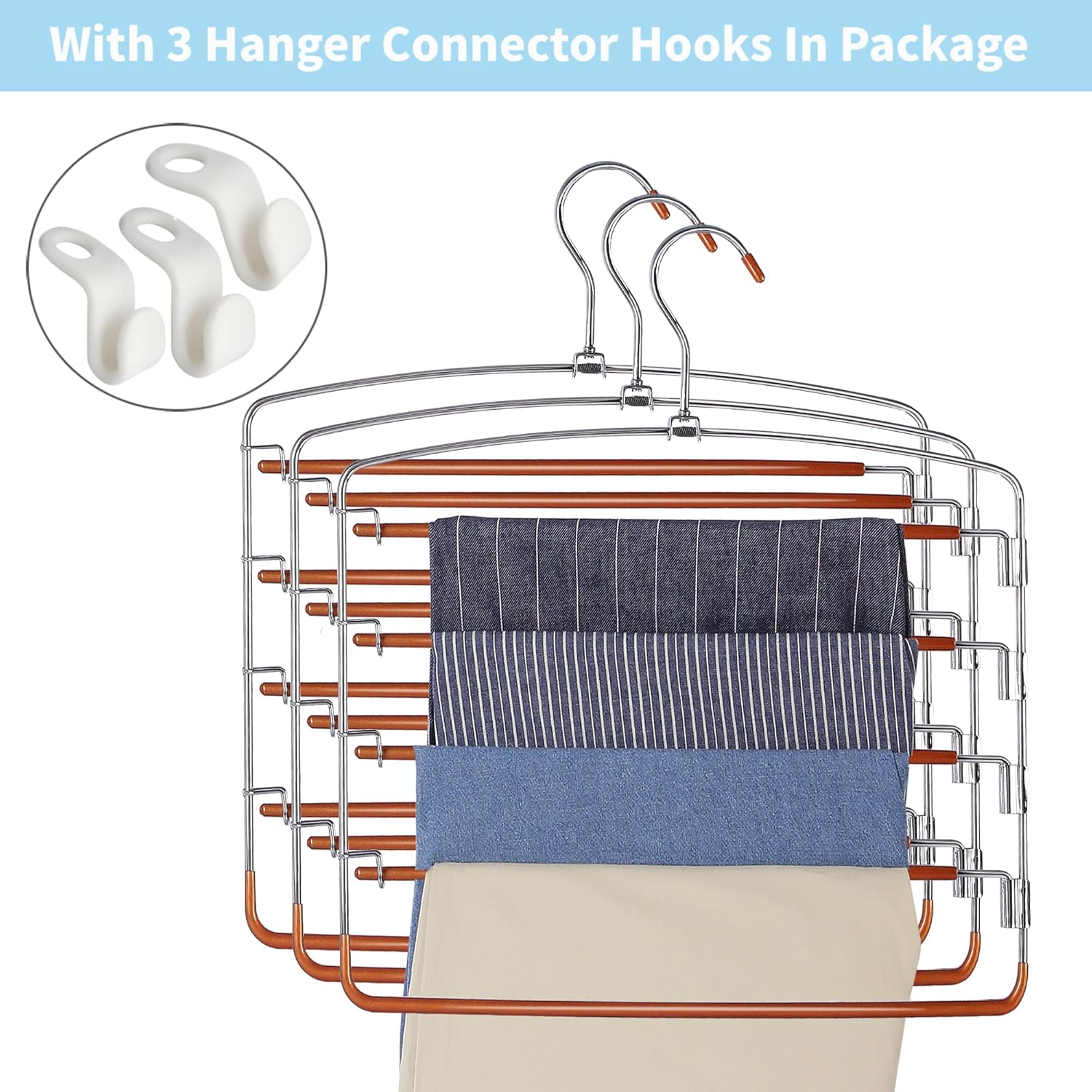 FeeraHozer Pants Hangers Non Slip 3 Pack Space Saving Hangers Multi-Layer Swing Arm Stainless Steel Space Saver Rack for Jeans Scarf Trouser Clothes (Gold)