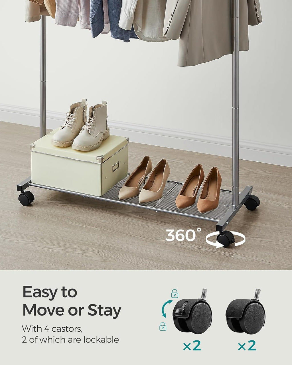 SONGMICS Clothes Rack with Wheels, Clothing Rack for Hanging Clothes, 25.4 mm Metal Garment Rack with Dense Mesh Storage Shelf, 110 lb Load Capacity, 2 Brakes, Gray UHSR025G01