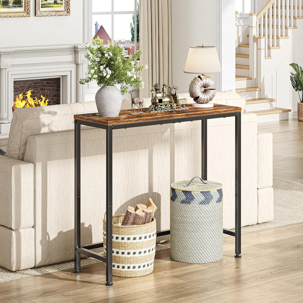 Simple Trending Narrow Side Table, 29.8" Console Table, Rustic Brown | Slim Entryway Table, Metal Frame, Adjustable Feet Pads, Industrial Style Behind Couch Table, for Entryway, Living Room