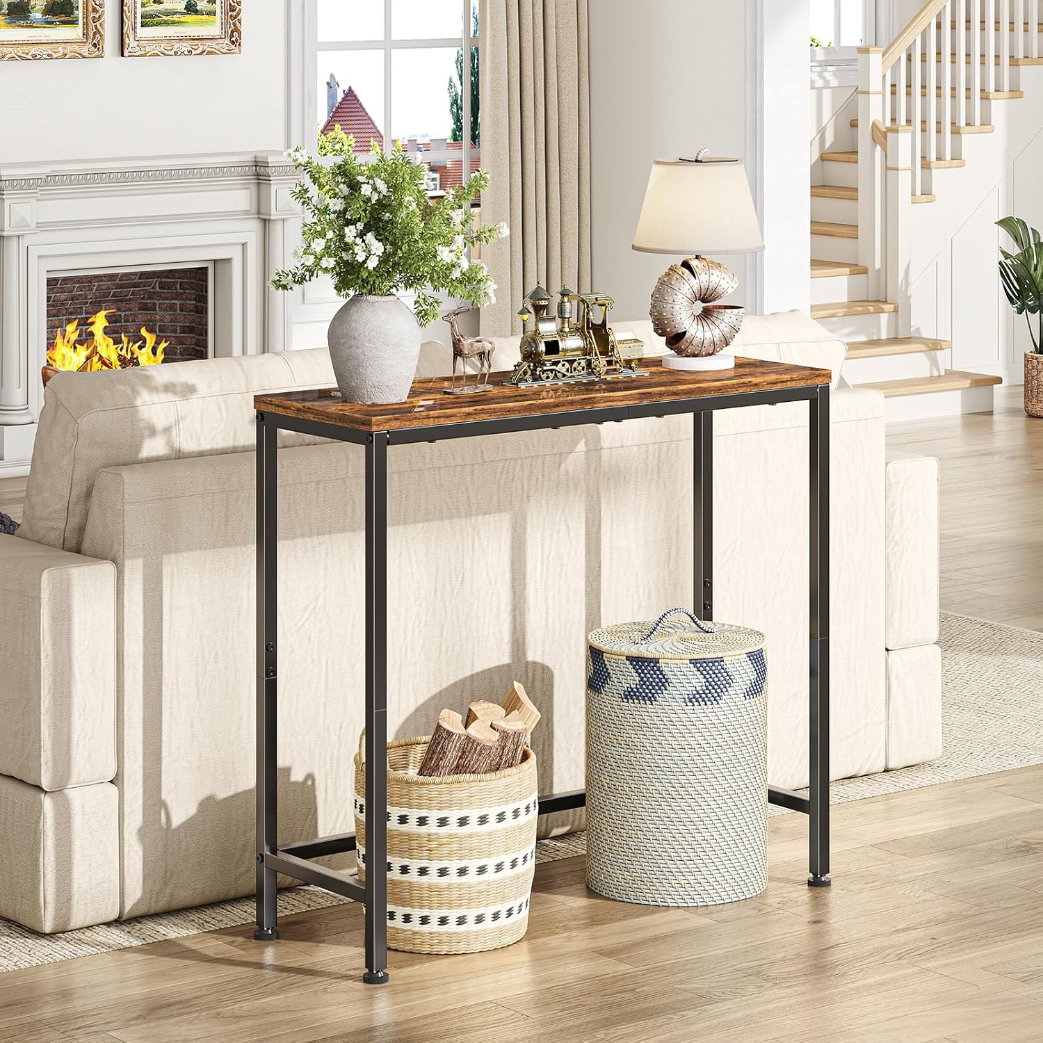 Simple Trending Narrow Side Table, 29.8" Console Table, Rustic Brown | Slim Entryway Table, Metal Frame, Adjustable Feet Pads, Industrial Style Behind Couch Table, for Entryway, Living Room