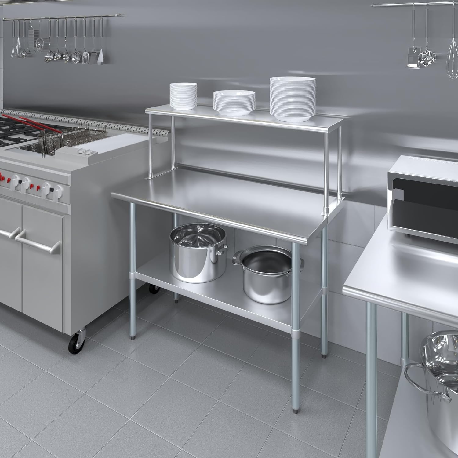 Stainless Steel Work Table with Wide Single Tier Overshelf | Metal Kitchen Prep Table & Shelving Combo (24" x 48" Work Table + 12" Overshelf)