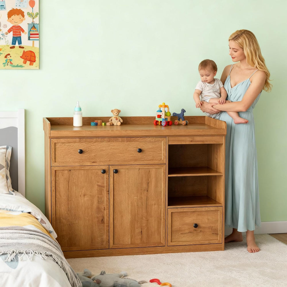 Wide Changing Table with 2 Doors, 2 Different Size Drawer&Storage Cubbies...