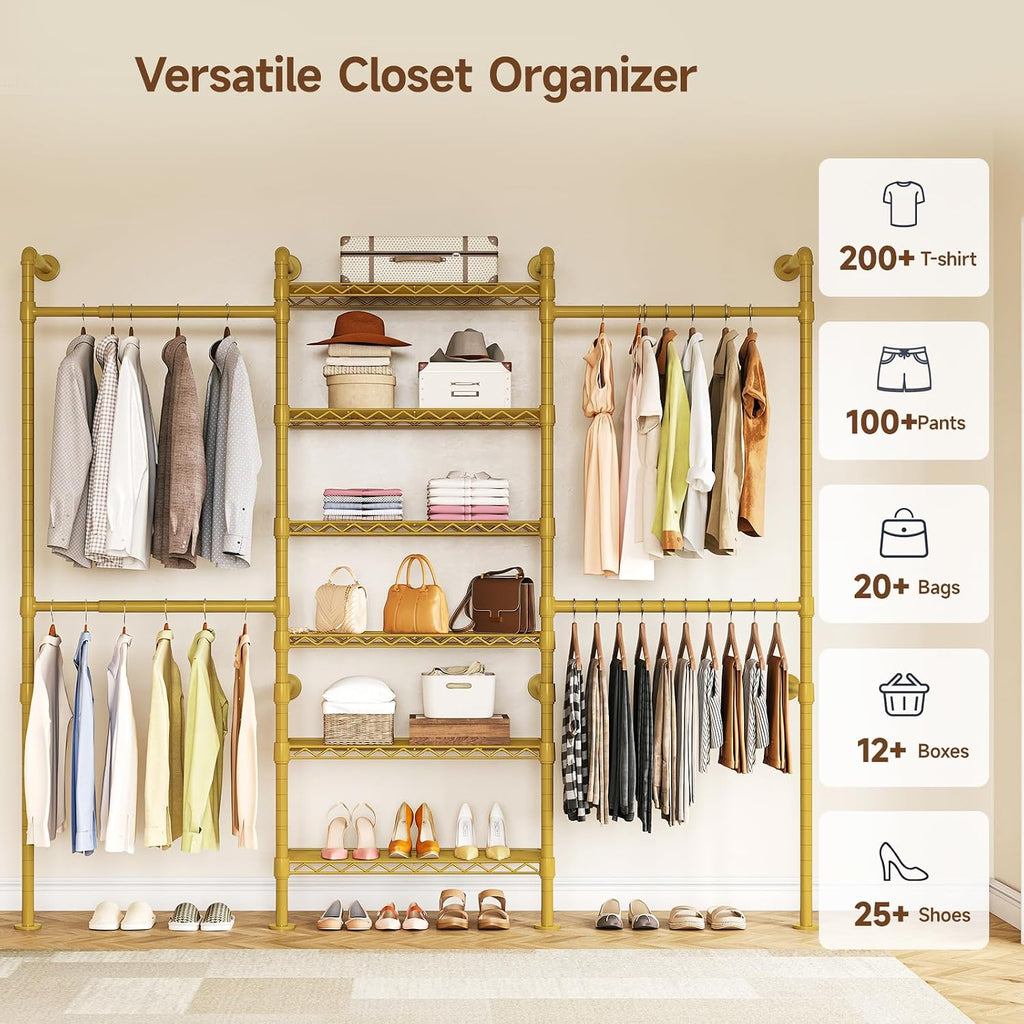 H3 Expandable Wall Mounted Closet System, 5.4FT-8.1FT Closet Organizer with 4 Telescopic Rods & 6 Wire Shelves, Industrial Pipe Clothing Rack for Walk-in & Reach-in Closet (Gold)
