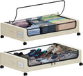 Under Bed Storage with Wheels, XXL 60L Under the Bed Storage Bins, Underbed Storage Containers with Lids & Label, Rolling Metal Drawer for Shoes, Clothes, Books, Toys (2-Pack Beige)