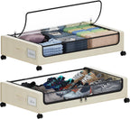 Under Bed Storage with Wheels, XXL 60L Under the Bed Storage Bins, Underbed Storage Containers with Lids & Label, Rolling Metal Drawer for Shoes, Clothes, Books, Toys (2-Pack Beige)