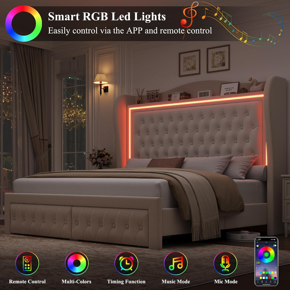 King Bed Frame 55" Tall Headboard with LED Lights, Buttons Tufted Velvet...
