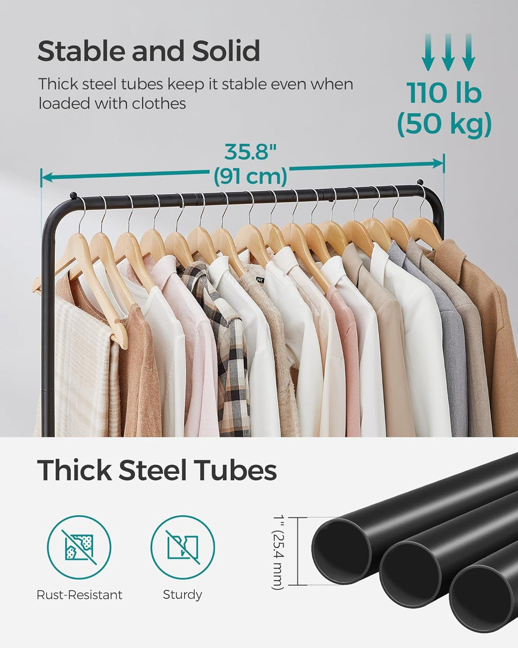 SONGMICS Clothes Rack with Wheels, Double-Rod Clothing Rack for Hanging Clothes, 25.4mm Metal Garment Rack with Dense Mesh Storage Shelf, 110 lb Load Capacity, 2 Brakes, Black UHSR027B01