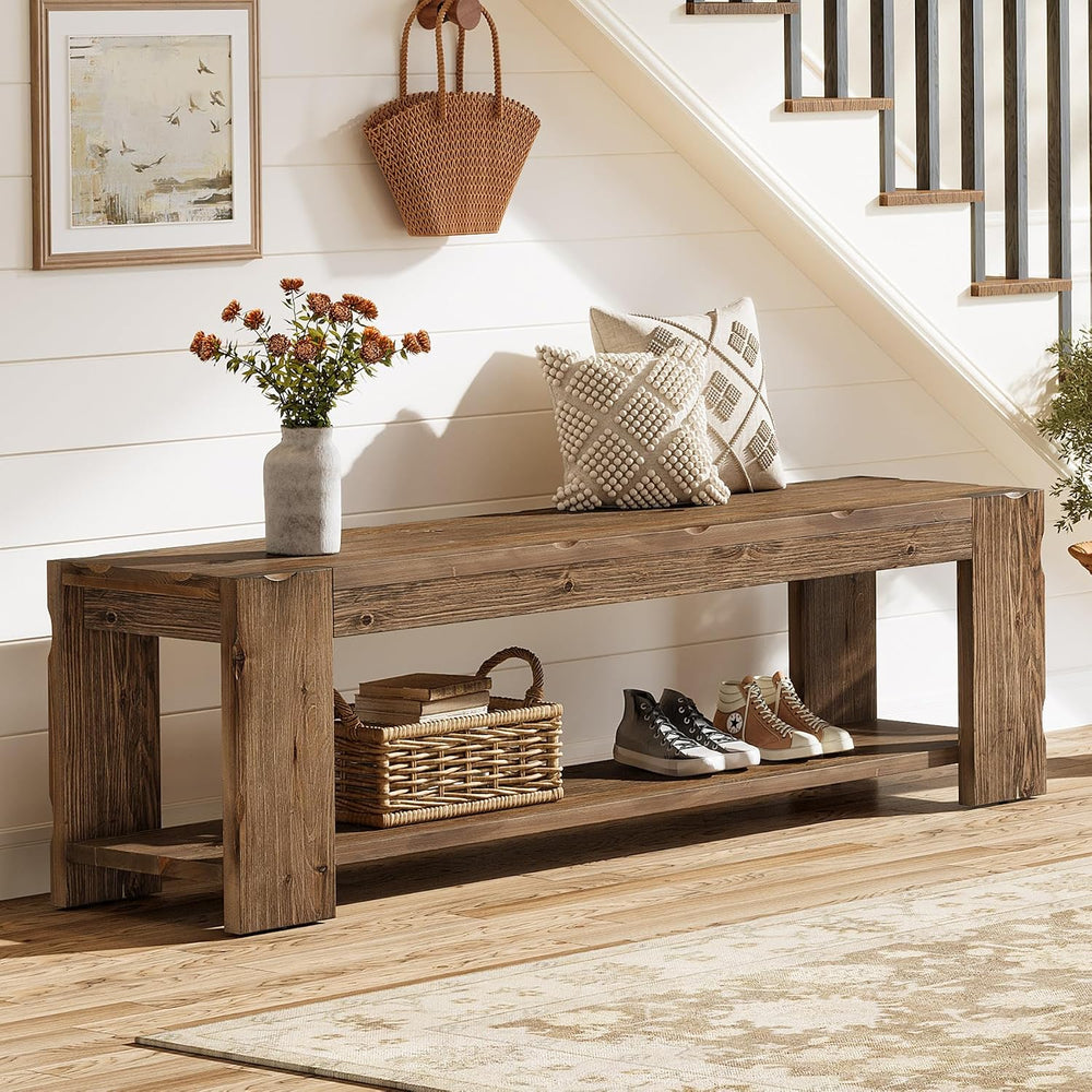 Solid Wood Entryway Bench with Storage Shelf, 55.12-Inch 2-Tier Wood Shoe Ben...
