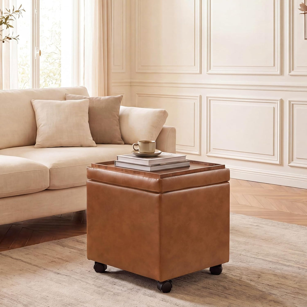 15 inch Square Storage Ottoman with Wheels and Tray Lid, Faux Leather Tufted ...