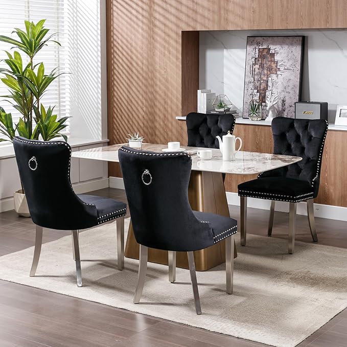 Luxury Upholstered Dining Chairs Set of 4, Black Kitchen Chair with Silver Me...