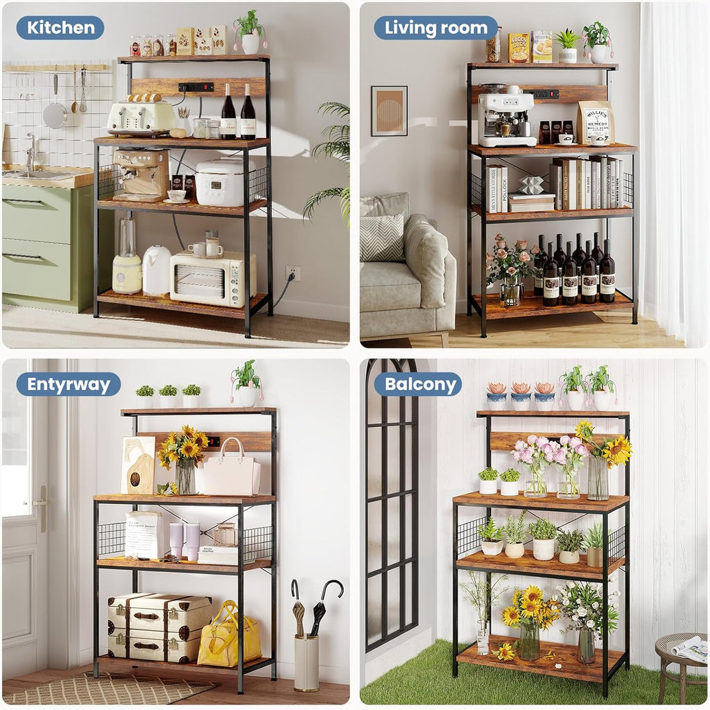 DUMOS Small Bakers Rack with Power Outlet for Kitchen Storage, 23.6" Microwave Stand, Appliance Organizer with 3 Adjustable Tiers for Small Apartment, Coffee Station, Counter Space Saving, Brown