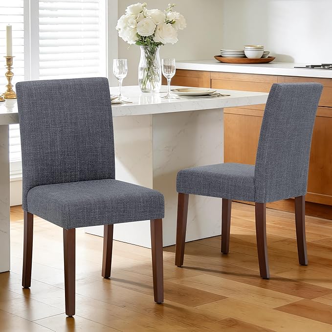 Upholstered Dining Chairs Set of 6 - Line Fabric Modern Farmhouse Kitchen Chairs,Mid-Back Dining Room Chairs with Wooden Legs