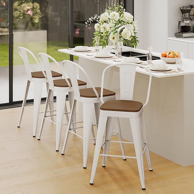 Andeworld Metal Bar Stools Set of 4, 24 inch Counter Height Barstools with Backs Farmhouse Modern High Back Bar Stools with Larger Seat Kitchen Dining Bar Chairs,Off White