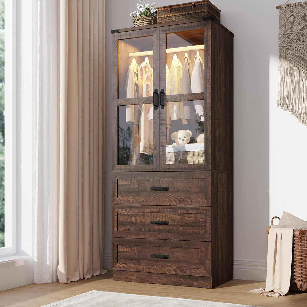 75" Tall Farmhouse 2 Doors Armoire Wardrobe Closet with 3 Drawers and LE...