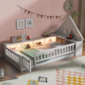 Twin Size Floor Bed with House-Shaped Headboard, Guardrail and Cabinet (White)