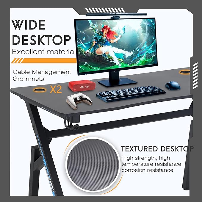 BestOffice Gaming Desk Computer Desk 47"x 23" Home Office Desk Extra Large Modern Ergonomic Black PC Carbon Fiber Table Gamer Workstation with Cup Holder Headphone Hook,Blue