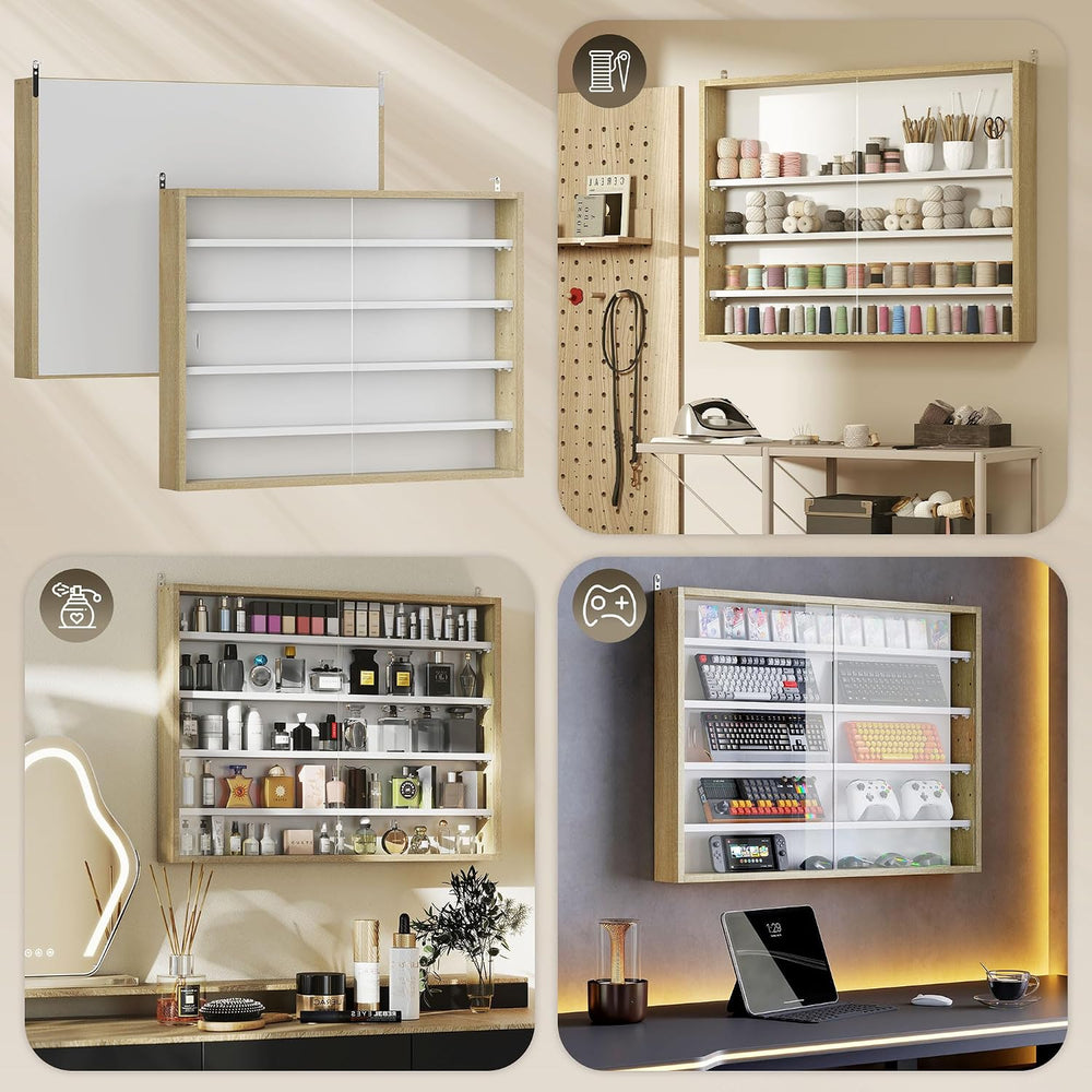 HOMCOM 5-Tier Wall Mounted Display Cabinet Glass Doors 60x80cm White/Oak | Di...