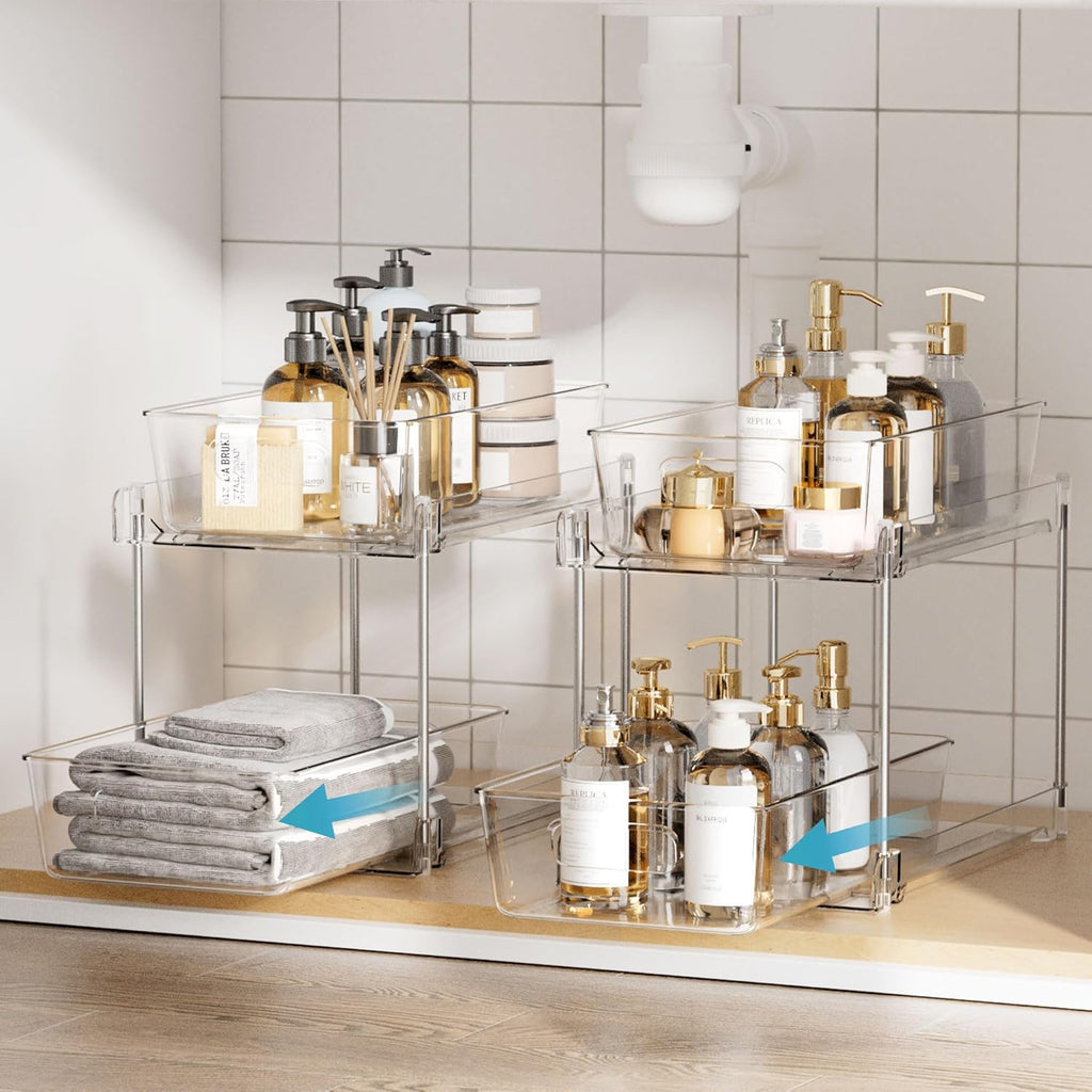 Vtopmart 2 Tier Bathroom Storage Organizer, 2 Pack Clear Under Sink Organizers Vanity Counter Container, Cabinet Drawers Bins, Pull-Out Organization with Track for Pantry, Kitchen