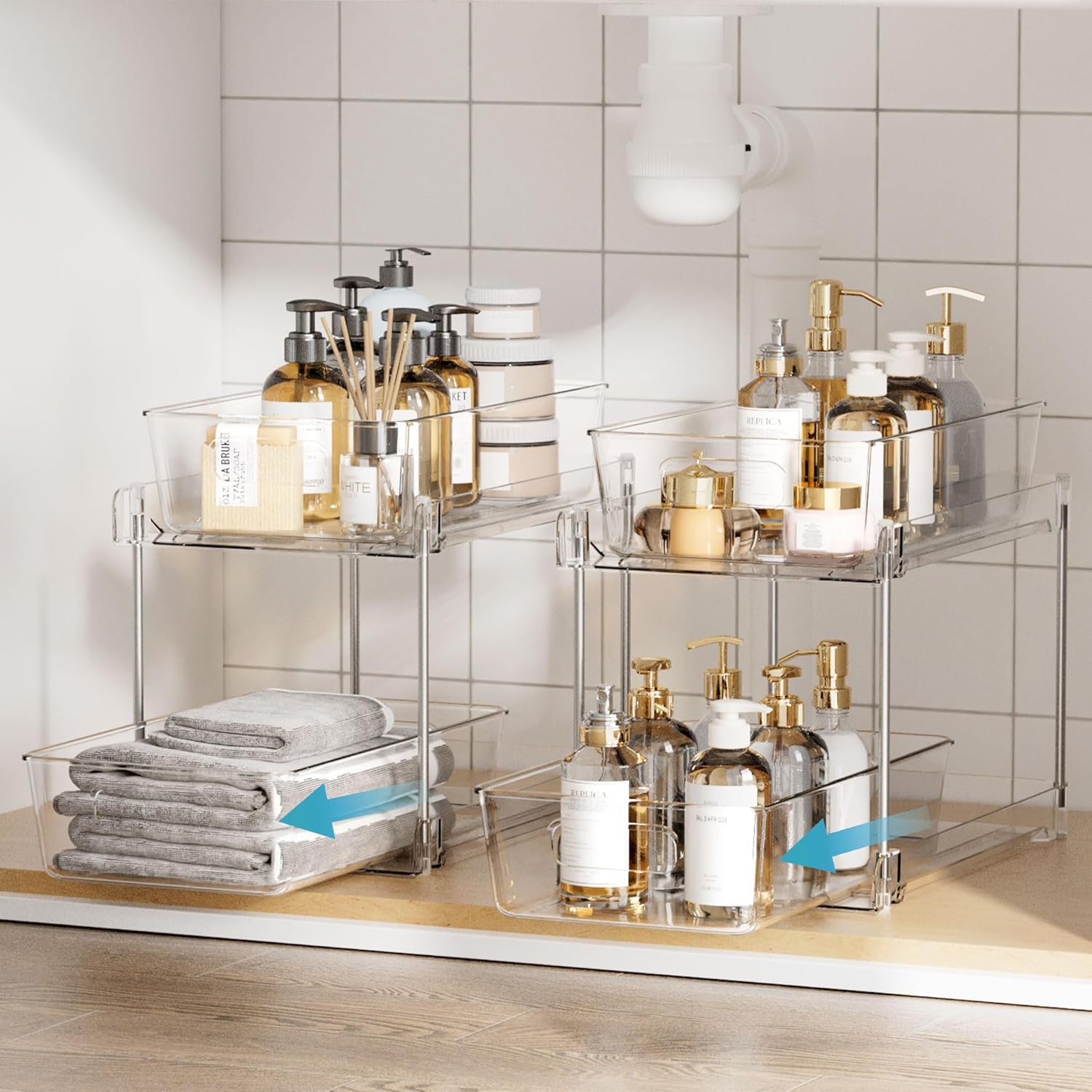 Vtopmart 2 Tier Bathroom Storage Organizer, 2 Pack Clear Under Sink Organizers Vanity Counter Container, Cabinet Drawers Bins, Pull-Out Organization with Track for Pantry, Kitchen