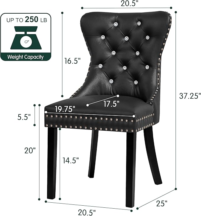 SyMax Dining Chairs Set of 2, Faux Leather Wingback Upholstered Dining Room Chairs with Diamond and Nailhead, Mid Century Modern Tufted Kitchen Chairs with Wood Legs, Black