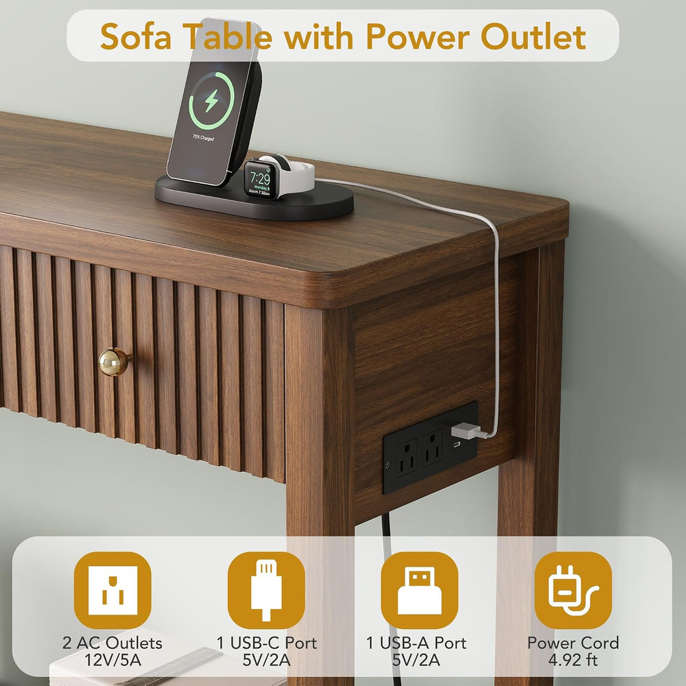 Decofy 47'' Fluted Console Table with Charging Station & 3 Drawer...