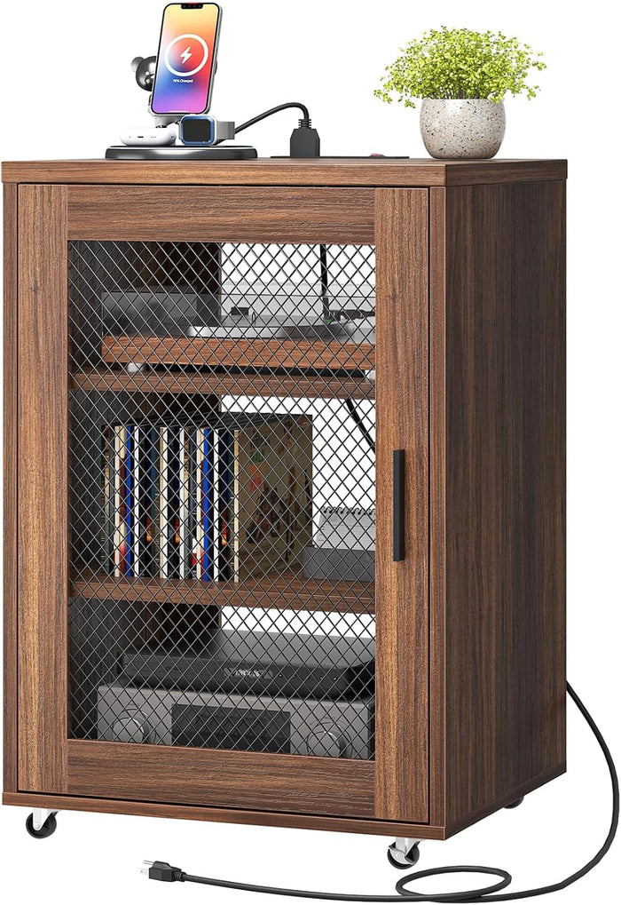 CHOEZON Media Cabinet with Charging Station, Stereo Cabinet with Wheels, Audio-Video Media Stand with Adjustable Shelves and Mesh Door, AV Rack for Living Room, Home Theater, Walnut MBZ23UHT