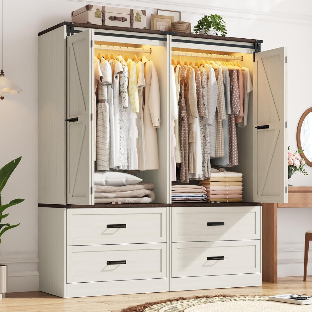 Farmhouse Wardrobe Armoire Closet with 4 Doors and 4 Drawers, 72" Wooden...