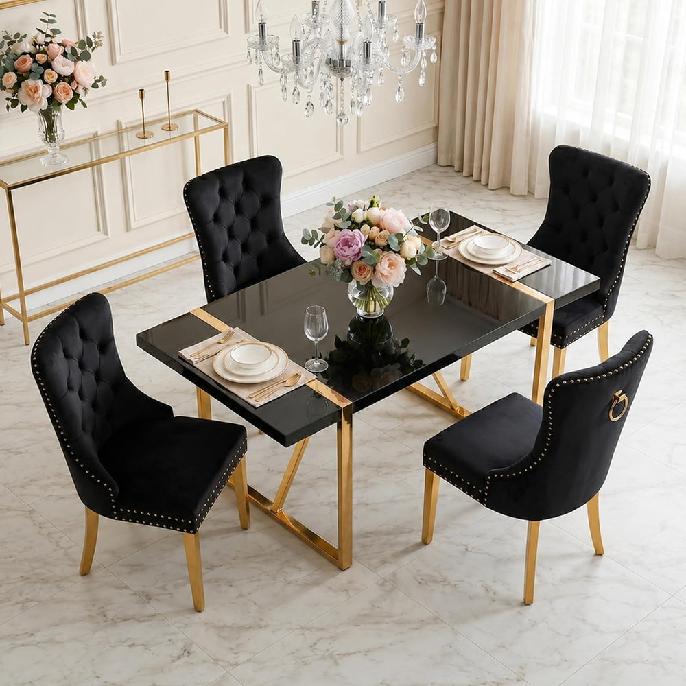 Black Dining Table Set for 4, 55" Black Glossy Top with Gold Metal Legs,...