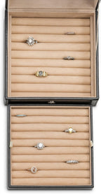 Glenor Co Ring Organizer Box - 108 Slot Classic Jewelry Display Holder - 2 Storage Trays with Modern Buckle Closure, Large Mirror - Holds Rings and Cufflinks - PU Leather Case - Black