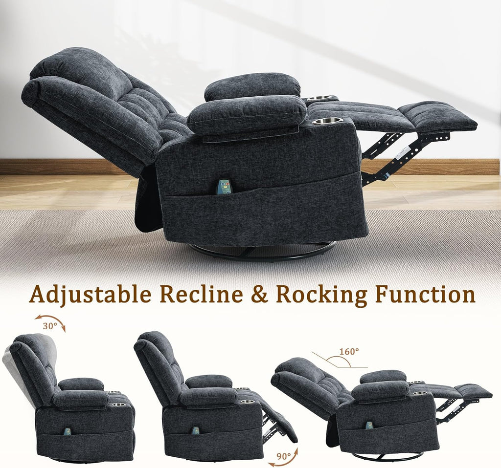 Korser 360° Swivel Rocker Recliner for Adults, Nursery Glider Recliner with Massage and Heating, Rocking Chair with Cup Holder, Manual Recliner Chair for Living Room, Bedroom (Fabric, Dark Gray)