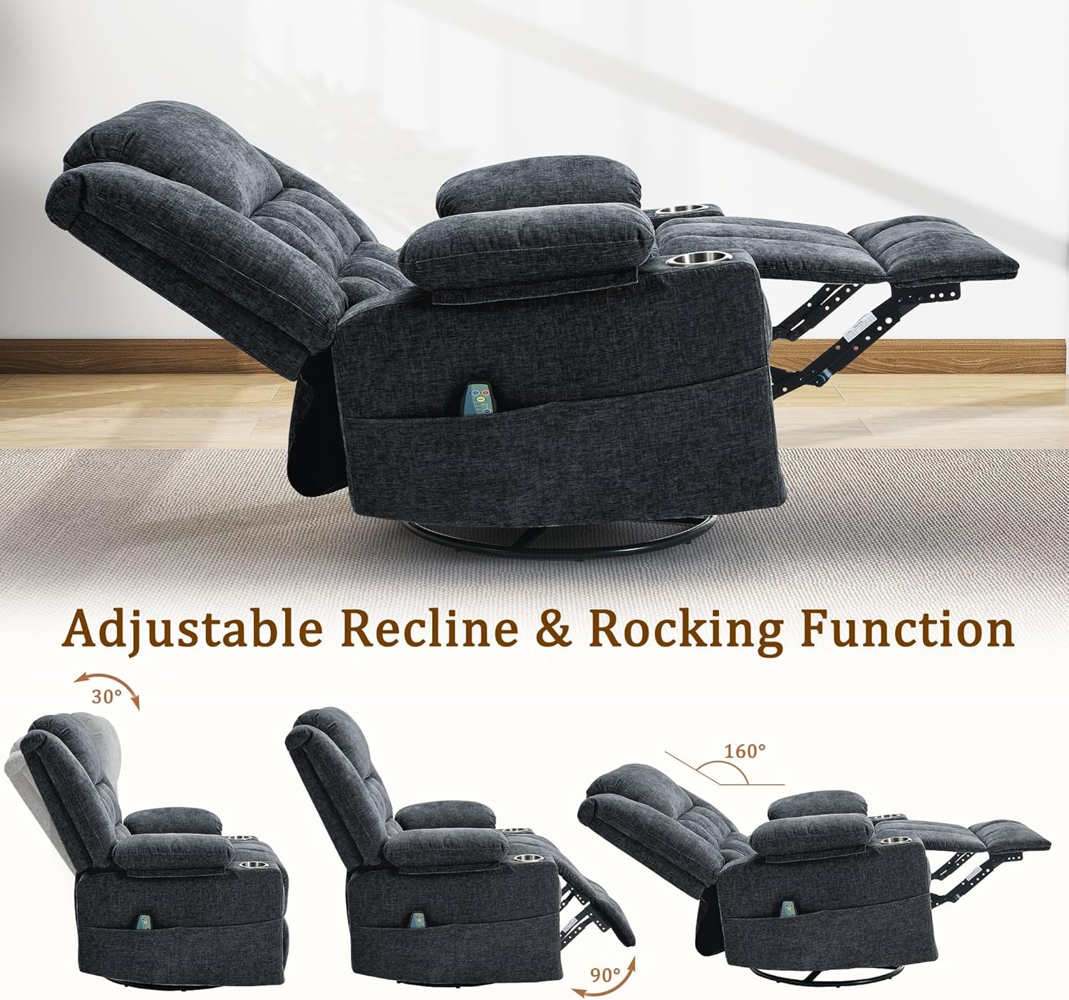 Korser 360° Swivel Rocker Recliner for Adults, Nursery Glider Recliner with Massage and Heating, Rocking Chair with Cup Holder, Manual Recliner Chair for Living Room, Bedroom (Fabric, Dark Gray)