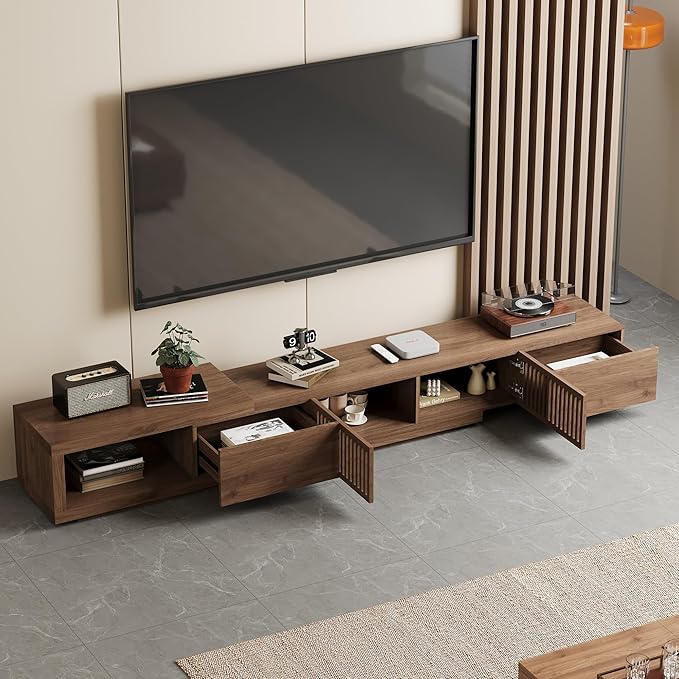 Mid-Century Style TV Stand 94.48", Entertainment Center for TVs up to 70"-90" with 4 Storage Cabinets, Walnut Media Console for Living Room or Bedroom (78.54"-103")