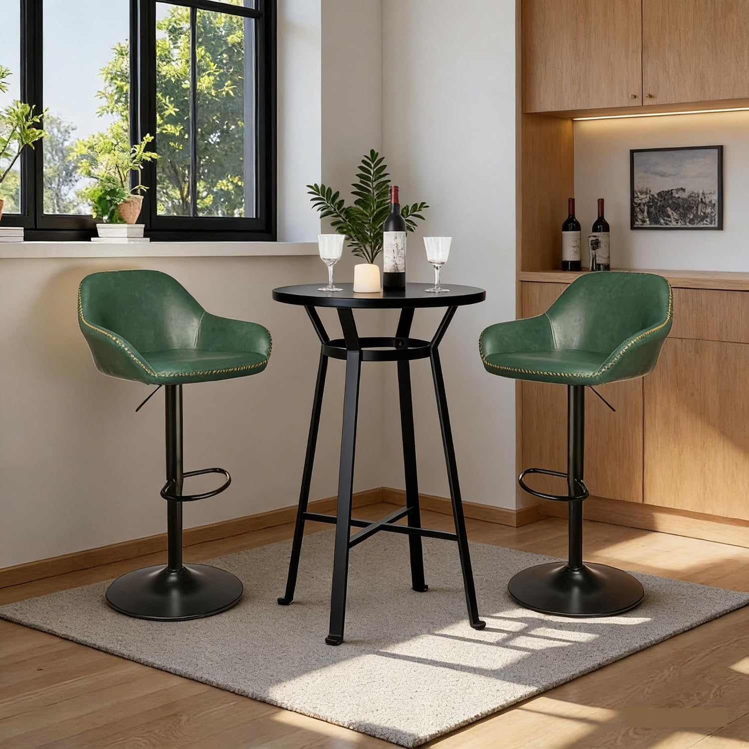Glitzhome Bar Table and Chairs Set, Round Black Steel Pub Table with Soild Elm Wood Top and Bar Height Adjustable Swivel PU Leather Bar Stool for Breakfast Nook Living Room Small Space Restaurant