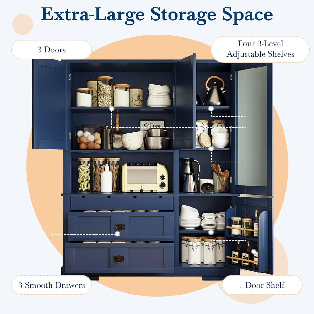 78" Tall Kitchen Pantry Cabinet with Hutch, Large Freestanding Buffet wi...