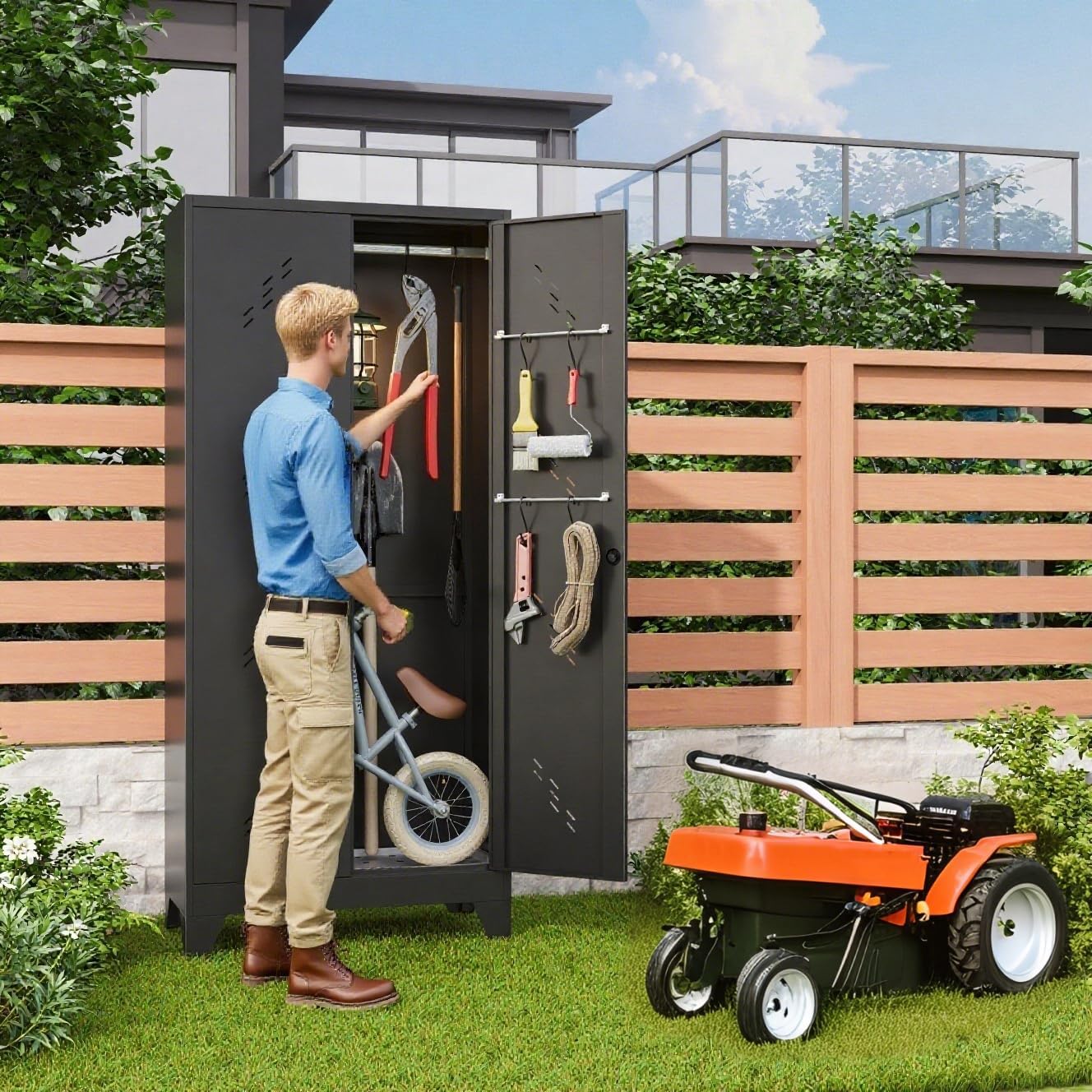 Storage Cabinet 1.4×2.8 FT, Metal Outdoor Sheds for Garden Tool Organization, Heavy Duty Storage Sheds with Lockable Doors and Vents for Backyard, Garden, Patio Lawn