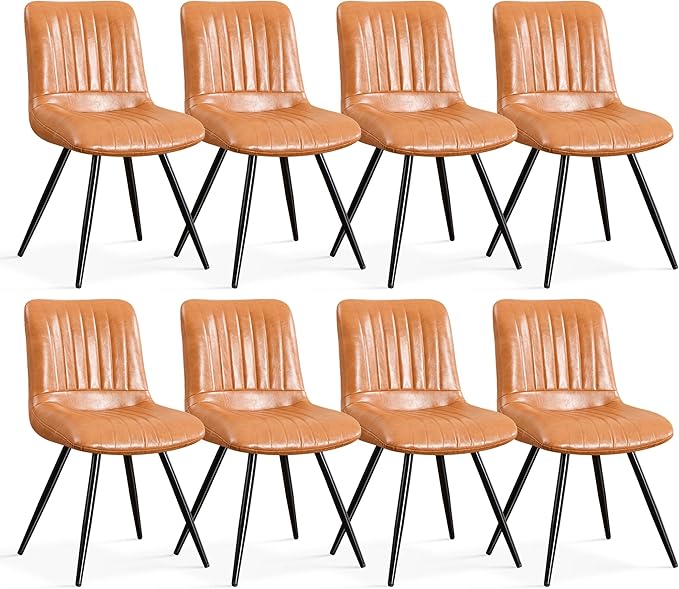 Dining Chairs Set of 8, Modern Dining Chairs with Thick Cushions, PU Leather Upholstered Kitchen Dining Room Chairs with Metal Legs for Dining Living Room (Caramel)