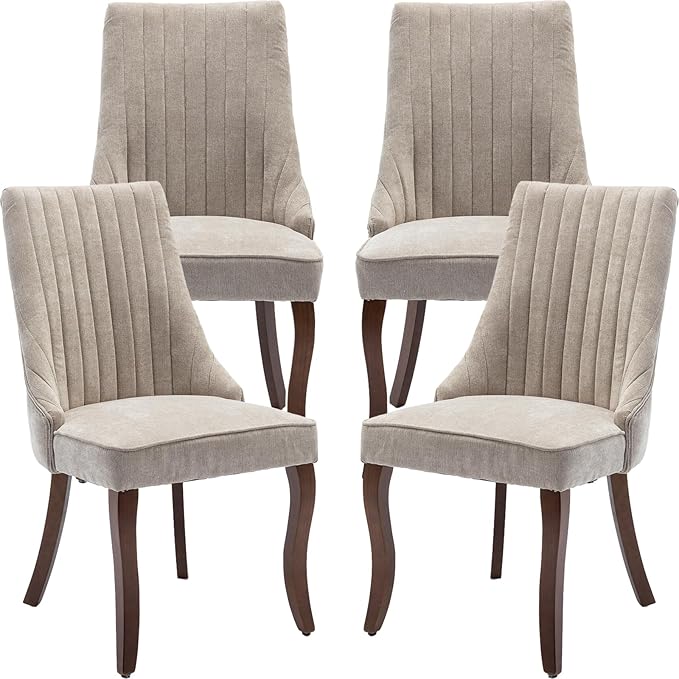 Beige Mid Century Dining Chairs Set of 4, Modern Kitchen & Dining Room Chairs Set of 4, Fabric Upholstered Kitchen Chairs, Sillas de Comedor, Wood Legs (Beige, 4 Pcs)