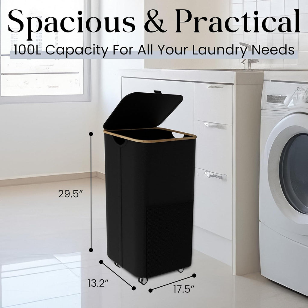 Laundry Basket with Wheels and Handle - 100L Bamboo-Fabric Laundry Hamper with Lid, Front Mesh Pocket, Travel Bag, Sturdy Wheels, Black