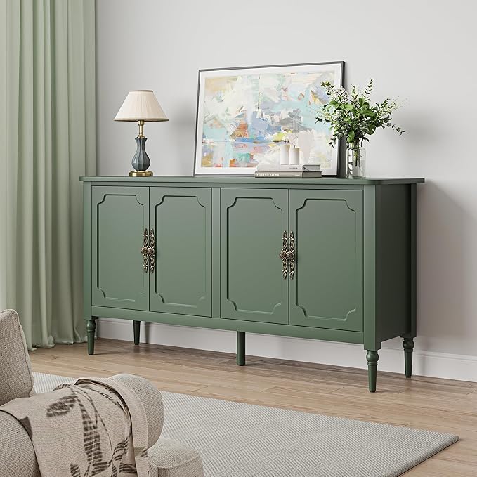 RoyalCraft Modern Buffet Sideboard Set of 2, 58'' Mid Century Modern Console Table, Media Credenza Cabinet with 4 Doors, Accent Cabinet for Entryway, Living Room, Forest Green