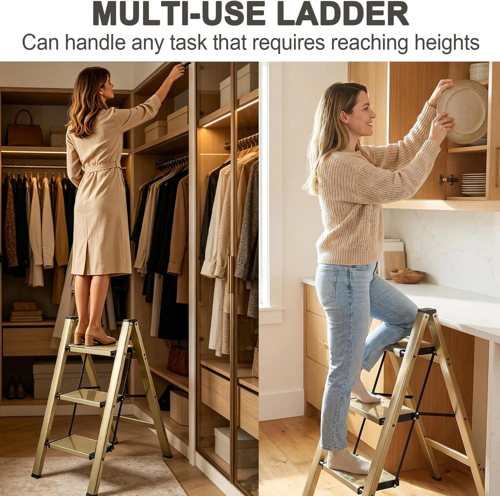 Step Stool Foldable Small Step Ladder (3 Steps, Dark-champagne)
