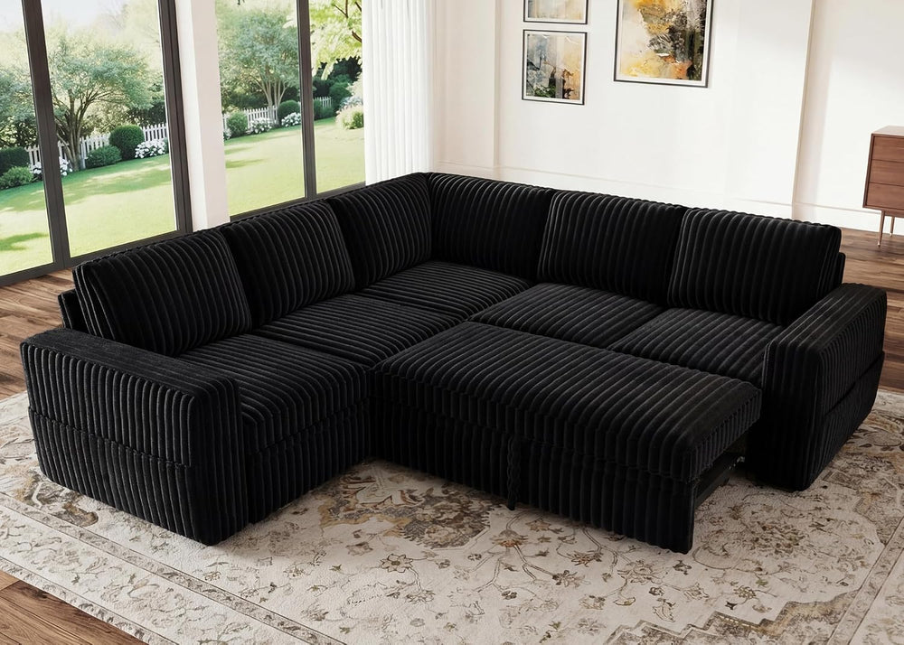 HONBAY Modular Sectional Sleeper Sofa with Pull Out Bed,Corduroy L Shaped Cou...