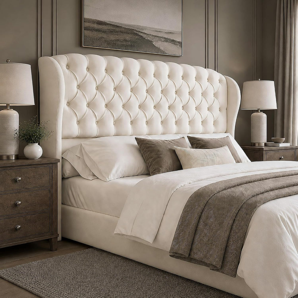 AMERLIFE Full/Queen Headboard Only, Velvet Upholstered Wingback, Cream