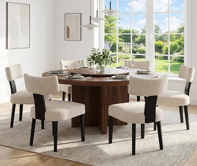 Upholstered Dining Chairs Set of 6 Modern Wooden Kitchen Chairs Fabric Side Dining Room Chair Farmhouse Dinner Chair, Beige