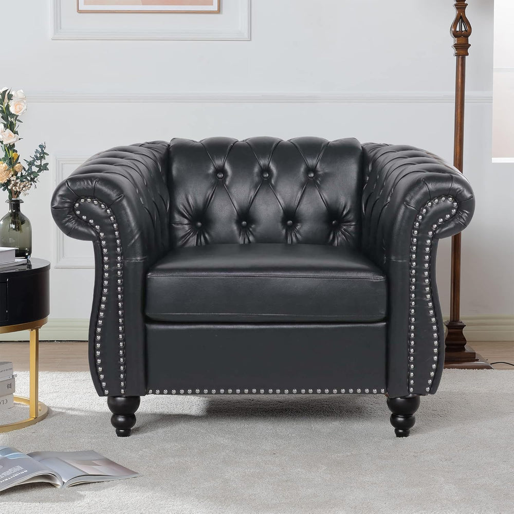LEVNARY Leather Upholstered Armchair, Mid-Century Modern Single Sofa Chair wi...