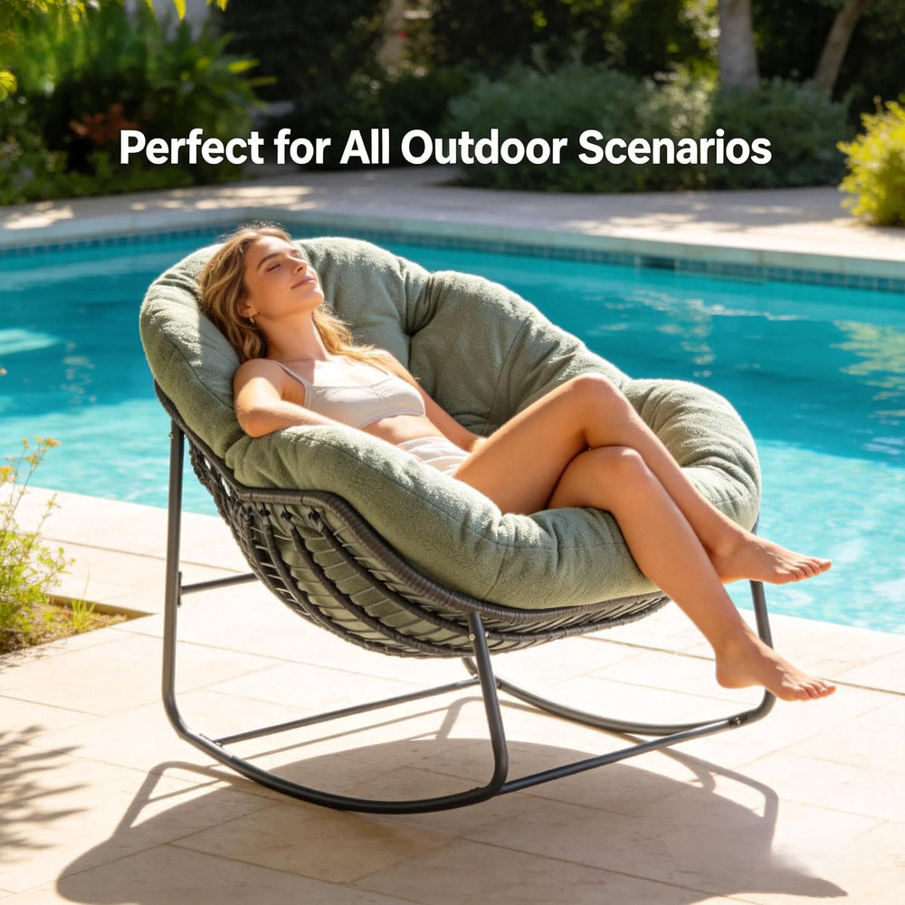 Oversized Outdoor Papasan Rocking Chair with Soft Cushion, Comfy Patio Egg Ch...